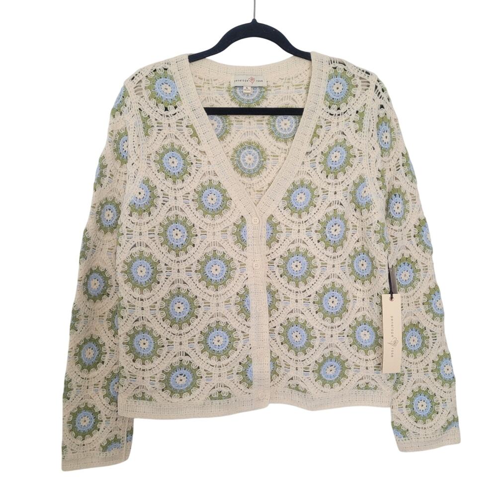 Penelope Rose Geometric Crochet Cardigan Size XL Ivory Boho Hippie Grannycore